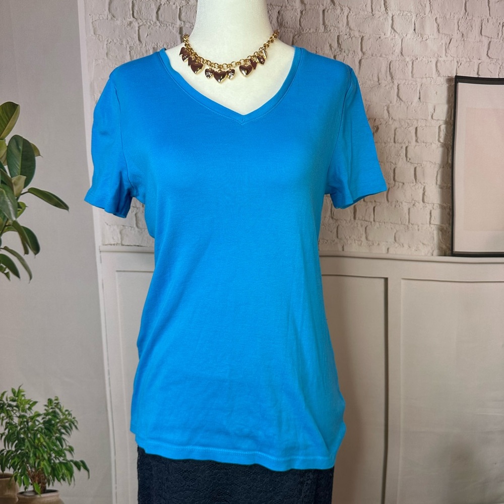 Talbots Vibrant Blue V-Neck Tee large 100% cotton